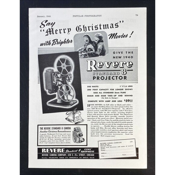 Revere Camera Co. Standard 8 Projector "Say Merry Christmas" Vtg Print Ad 1940 - Picture 3 of 3
